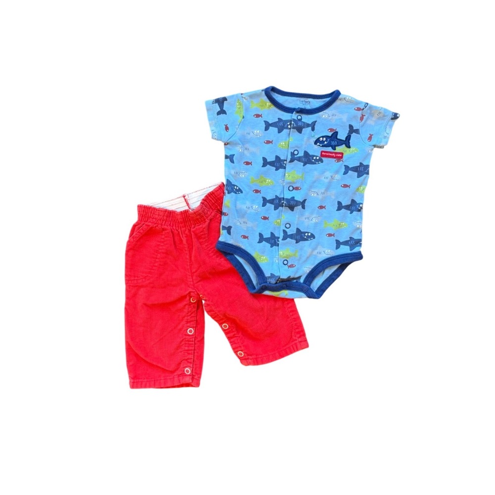 Vintage Y2K Carter's 9M Shark Outfit Set Blue Bodysuit Red corduroy pants
